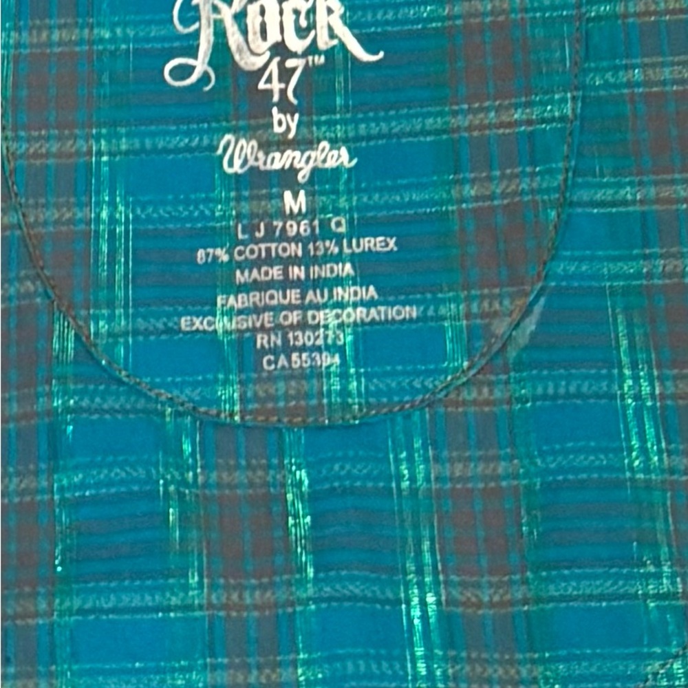 Rock 47 by Wrangler Teal Plaid Western Snap Button Shirt — Size Medium - Picture 11 of 11